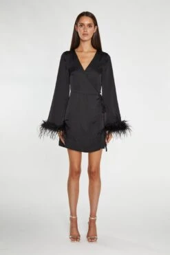 Glamorous Black-Satin Feather Trim Wrap Mini-Dress