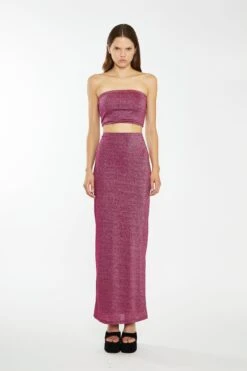 Glamorous Red-Plum Glitter Straight Maxi-Skirt