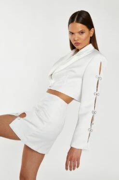 Glamorous Off-White Satin Diamante Bow Crop-Blazer