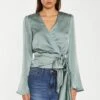 Glamorous Dusty-Green Satin Wrap Front Blouse