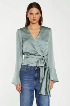 Glamorous Dusty-Green Satin Wrap Front Blouse