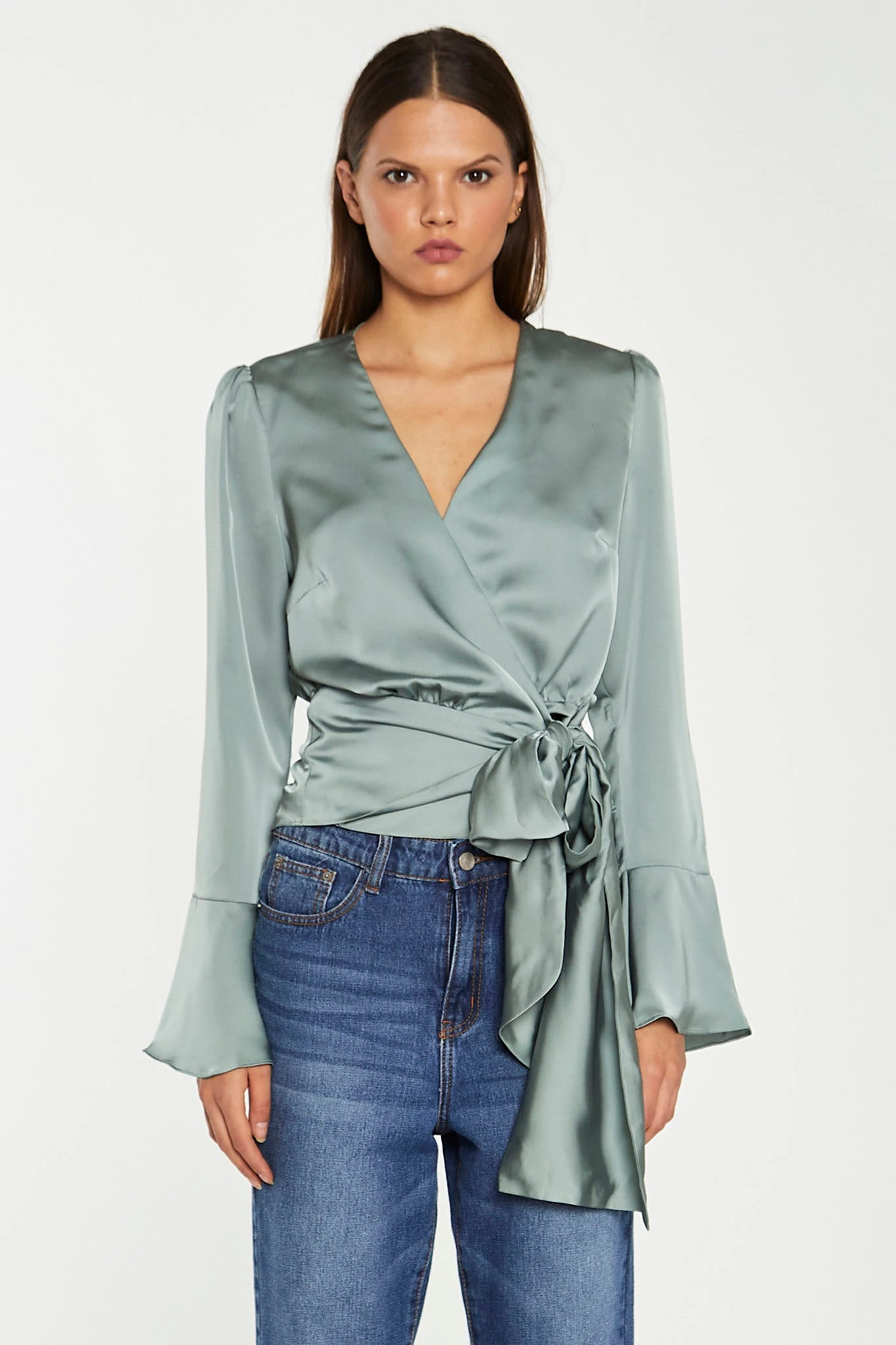Glamorous Dusty-Green Satin Wrap Front Blouse 1 Glamorous Dusty-Green Satin Wrap Front Blouse