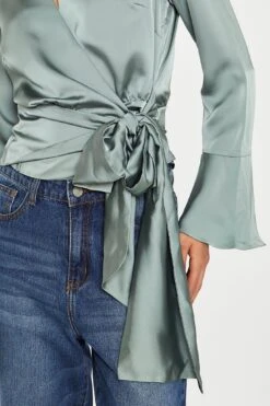Glamorous Dusty-Green Satin Wrap Front Blouse 6 Glamorous Dusty-Green Satin Wrap Front Blouse -Cheap Softly Dressed Store CK7315 DM23 04