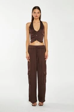 Glamorous Brown-Satin Cargo Trousers