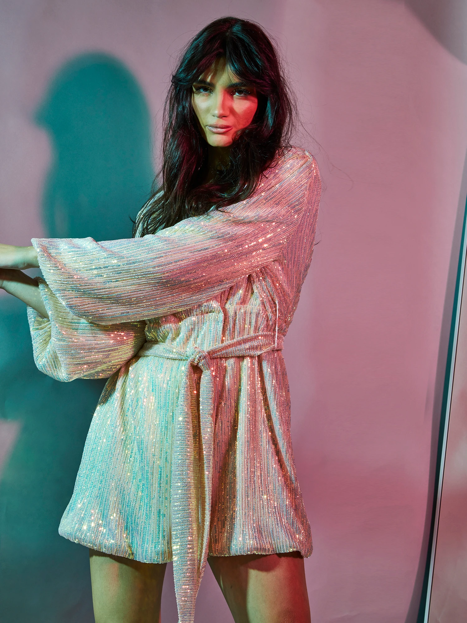 Glamorous Nude Iridescent Sequin Tie Waist Wrap Mini Dress 3 Glamorous Nude Iridescent Sequin Tie Waist Wrap Mini Dress - Image 3