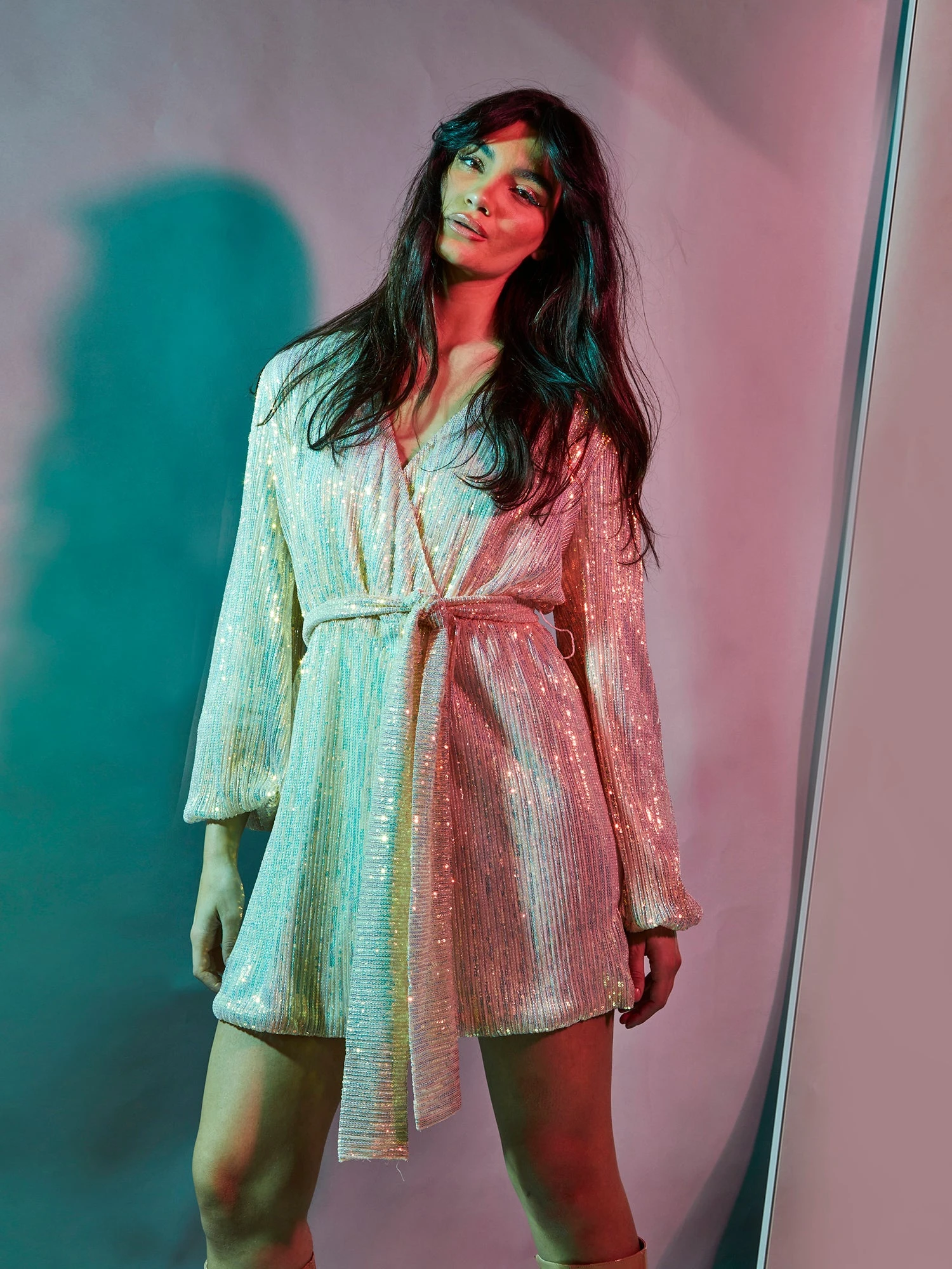 Glamorous Nude Iridescent Sequin Tie Waist Wrap Mini Dress 1 Glamorous Nude Iridescent Sequin Tie Waist Wrap Mini Dress