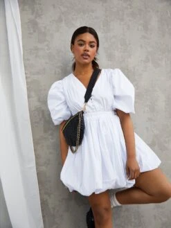 Glamorous White Puff Sleeve Button Up Dress