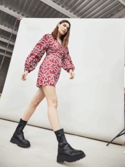 Glamorous Red Abstract Print Long Sleeve Wrap Mini Dress