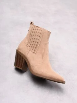 Glamorous Beige Suede Western Block Chunky Heel-Boots