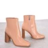 Glamorous Beige Patent Square-Toe Chunky Heel Boots