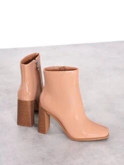 Glamorous Beige Patent Square-Toe Chunky Heel Boots -Cheap Softly Dressed Store FW8174 02