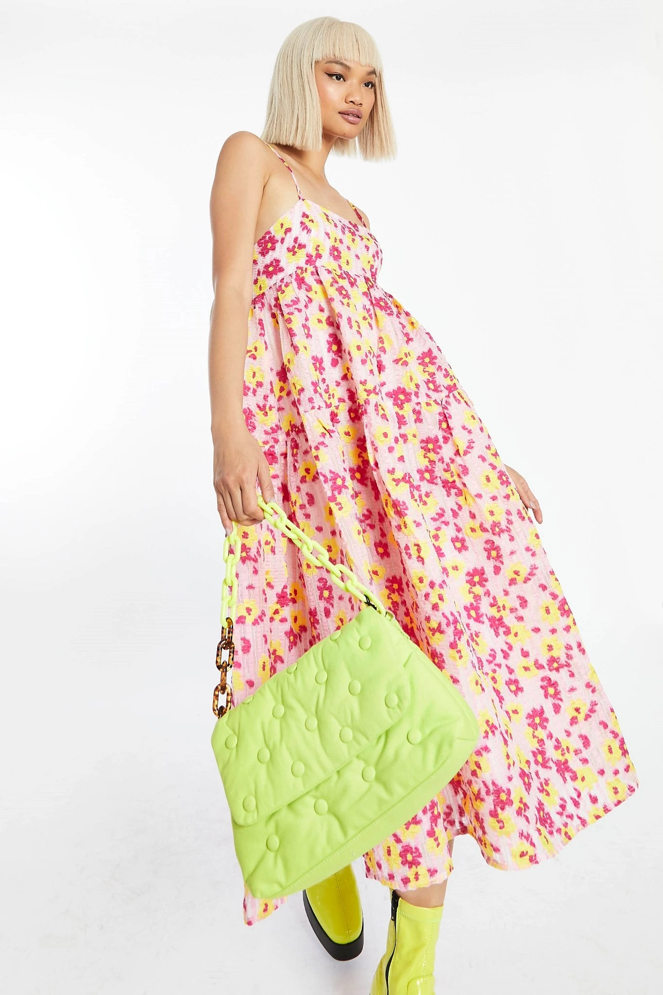 Glamorous Pink-Yellow Organza Empire-Line Tie-Back Loose-Fit Smock Midi-Dress 4 Glamorous Pink-Yellow Organza Empire-Line Tie-Back Loose-Fit Smock Midi-Dress - Image 4