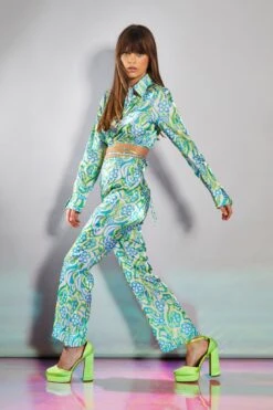 Glamorous Collection Metallic Swirl Floral Long Sleeve Cropped Sleeve With Waist Tie Detail -Cheap Softly Dressed Store GC0600 DB01 03