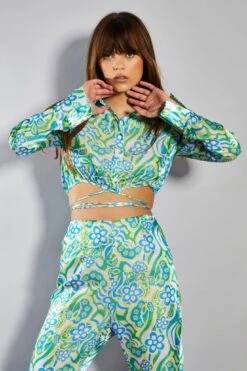 Glamorous Collection Metallic Swirl Floral Long Sleeve Cropped Sleeve With Waist Tie Detail -Cheap Softly Dressed Store GC0600 DB01 04 WEBSITE