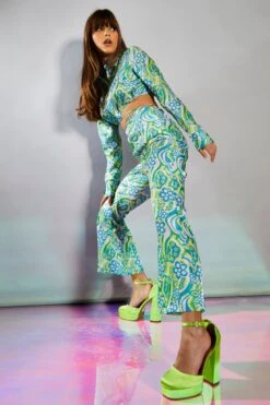 Glamorous Collection Metallic Swirl Floral Crop Flared Trousers