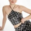 Glamorous Collection Black Silver Check Sequin Halter-neck Crop Top With Lace-up Back