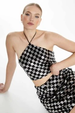 Glamorous Collection Black Silver Check Sequin Halter-neck Crop Top With Lace-up Back