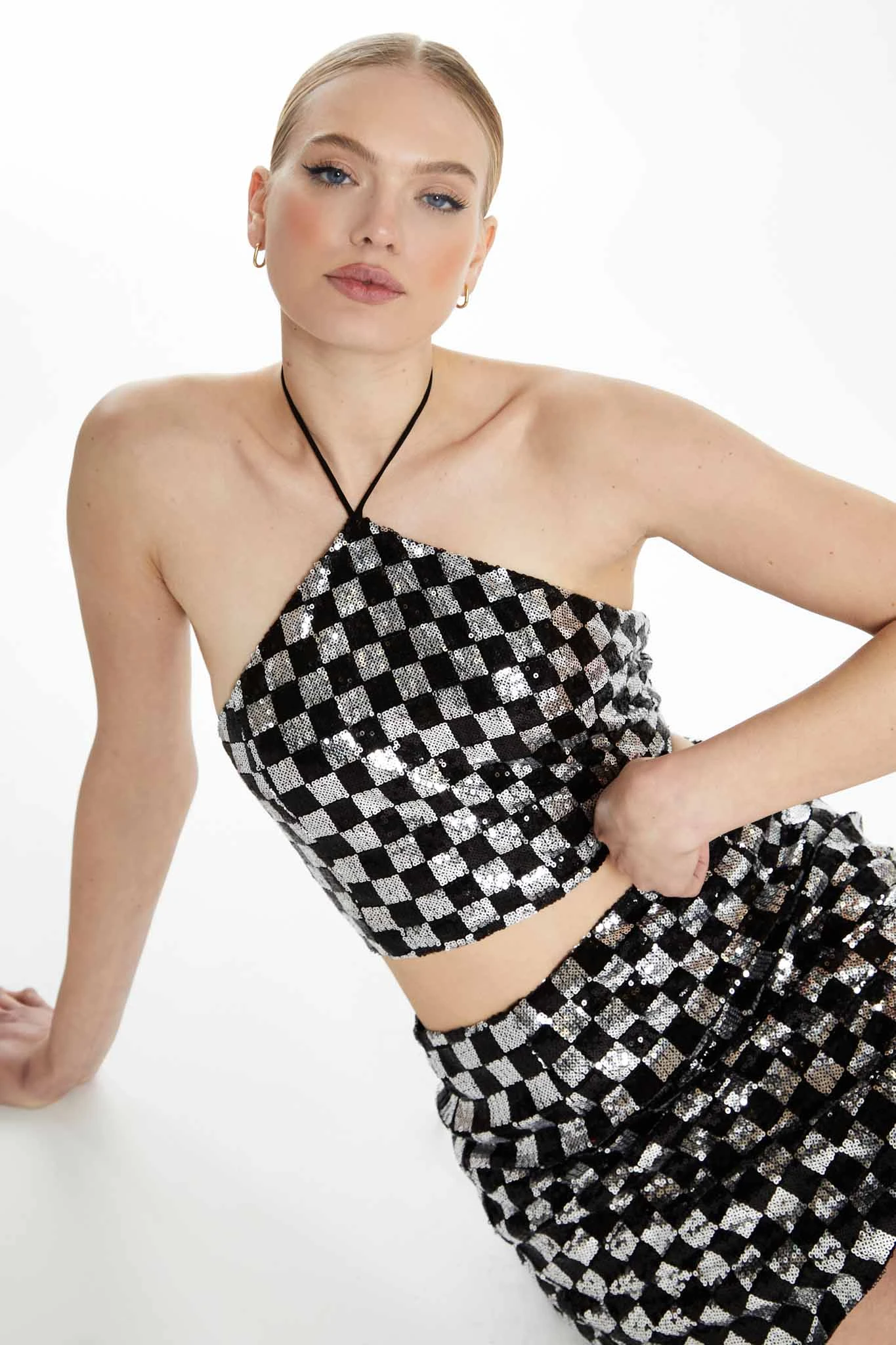 Glamorous Collection Black Silver Check Sequin Halter-neck Crop Top With Lace-up Back 1 Glamorous Collection Black Silver Check Sequin Halter-neck Crop Top With Lace-up Back