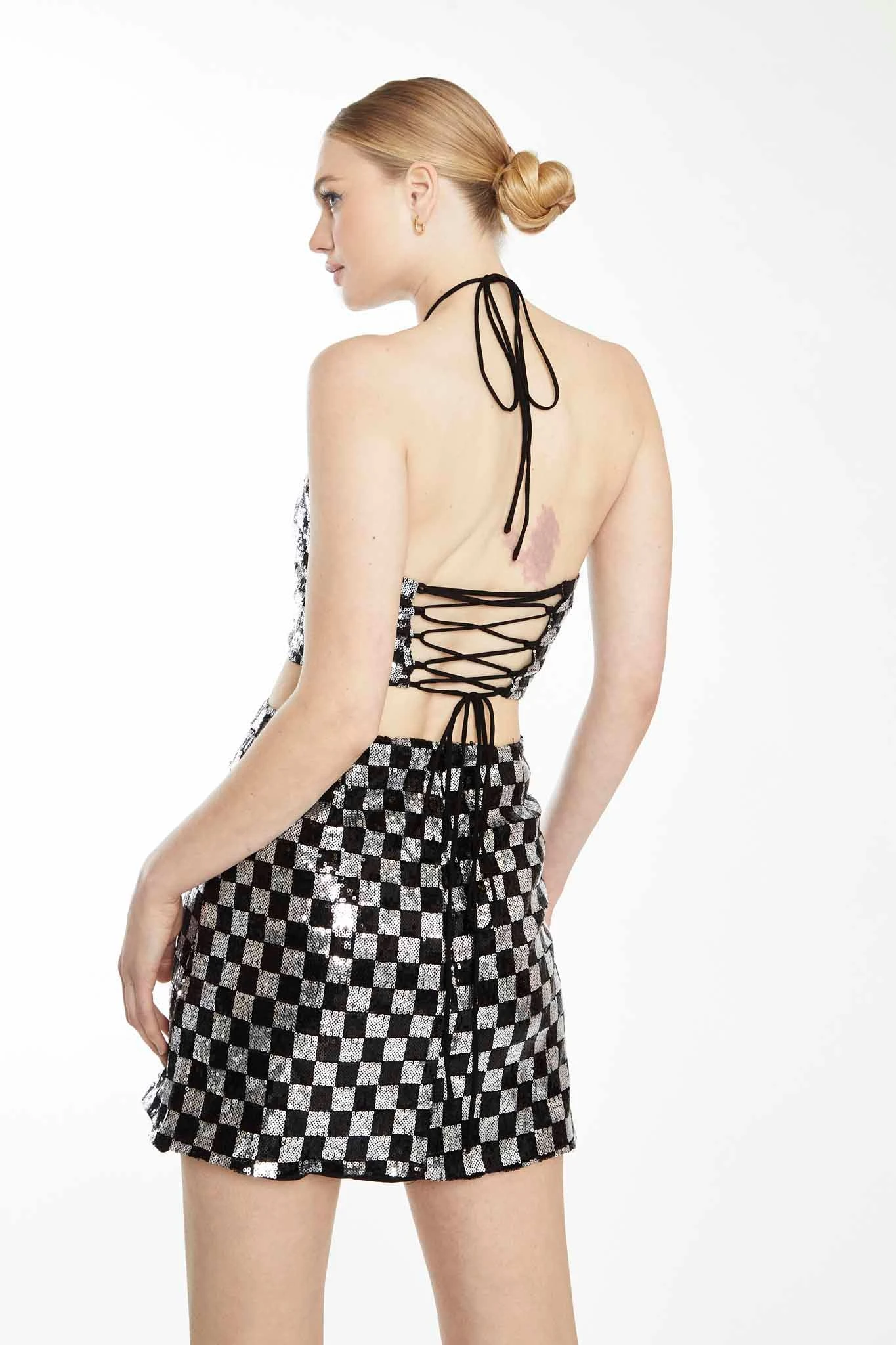 Glamorous Collection Black Silver Check Sequin Halter-neck Crop Top With Lace-up Back 2 Glamorous Collection Black Silver Check Sequin Halter-neck Crop Top With Lace-up Back - Image 2