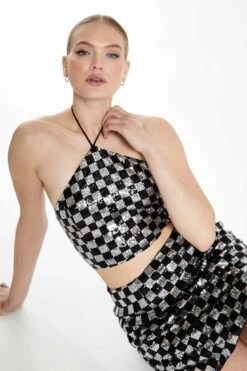 Glamorous Black Silver Check Sequin Mini Skirt -Cheap Softly Dressed Store GC0647 DC24 04