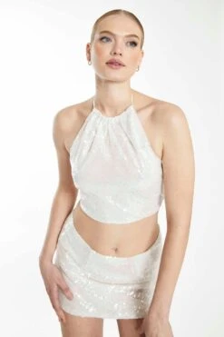 Glamorous Collection Silver Sequin Halterneck Crop Top With Lace-up Back Detail