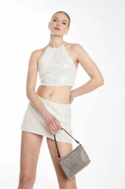 Glamorous Collection Silver Sequin Halterneck Crop Top With Lace-up Back Detail -Cheap Softly Dressed Store GC0650 B07 03