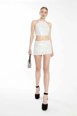 Glamorous Collection Silver Sequin Halterneck Crop Top With Lace-up Back Detail -Cheap Softly Dressed Store GC0650 B07 04