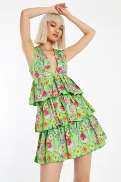 Glamorous Neon Green Floral Plunge-Top Tiered-Skirt Mini-Dress