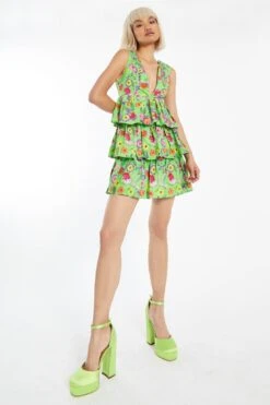 Glamorous Neon Green Floral Plunge-Top Tiered-Skirt Mini-Dress -Cheap Softly Dressed Store GC0725 DE31 03
