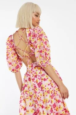 Glamorous Pink-Yellow Organza Lace-Up Back Puff Sleeve Crop-Top -Cheap Softly Dressed Store GC0729 DE32 02