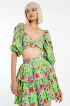 Glamorous Neon-Green Floral Twist Front Puff Sleeve Crop-Top