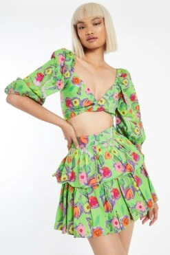 Glamorous Neon-Green Floral Tiered Ruffle Mini-Skirt