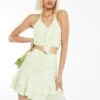 Glamorous Pale-Lime Ruched Halter-Neck Ruffle Crop-Top