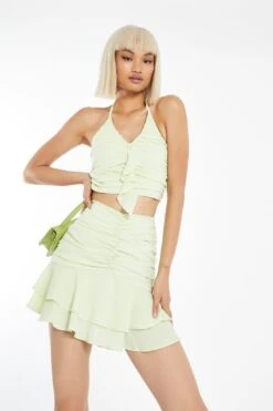 Glamorous Pale-Lime Ruched Halter-Neck Ruffle Crop-Top