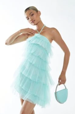 Glamorous Turquoise Pleated Tulle Halterneck Mini-dress -Cheap Softly Dressed Store GC0773 G36 01