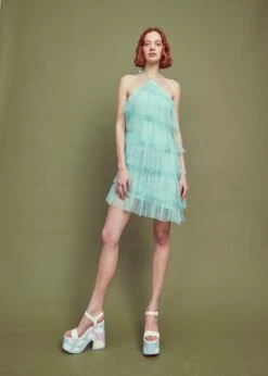 Glamorous Turquoise Pleated Tulle Halterneck Mini-dress -Cheap Softly Dressed Store GC0773 G36 01 WEBSITE