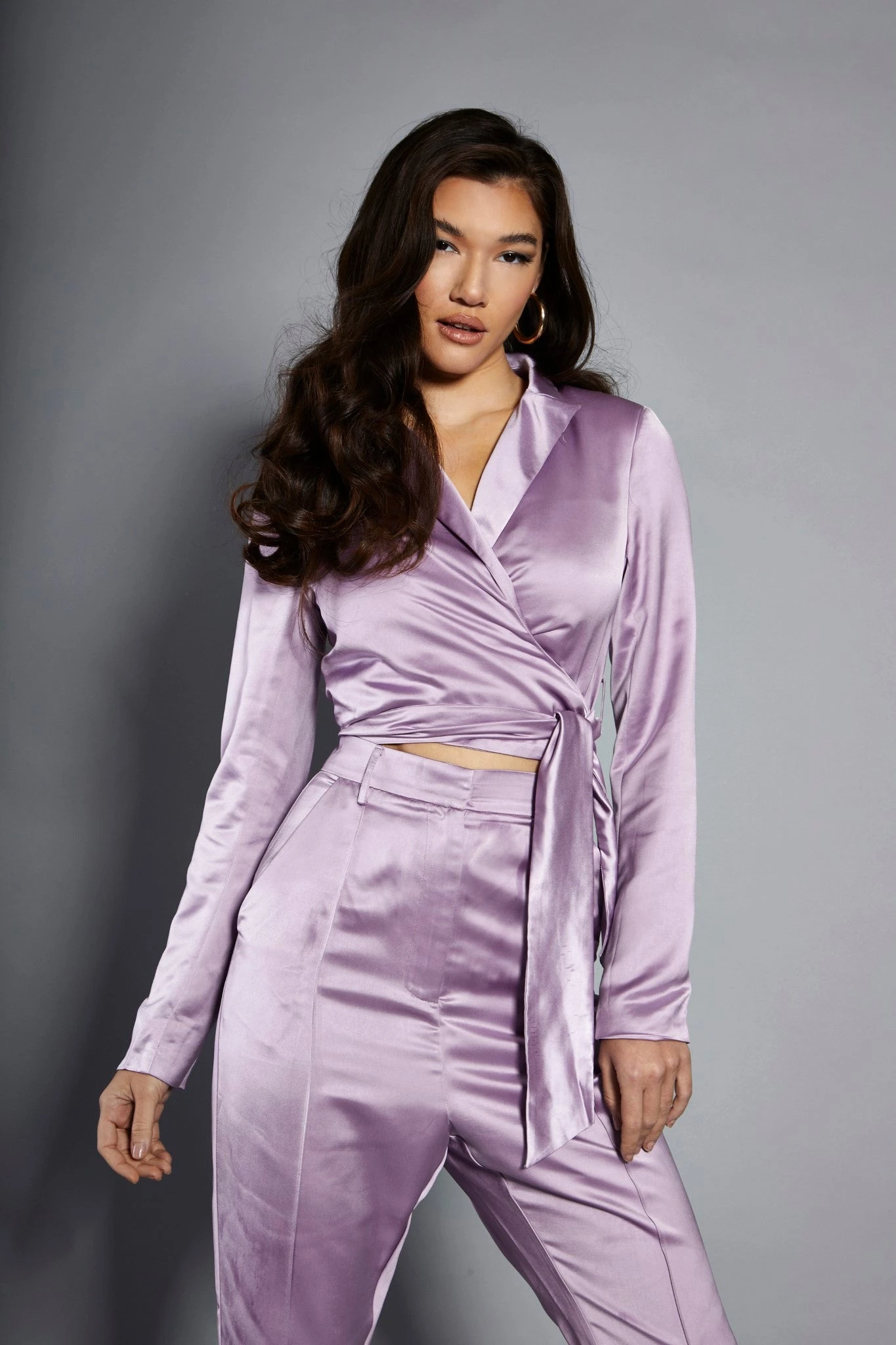 Glamorous Studio Lavender Satin Cropped Wrap Blazer 1 Glamorous Studio Lavender Satin Cropped Wrap Blazer