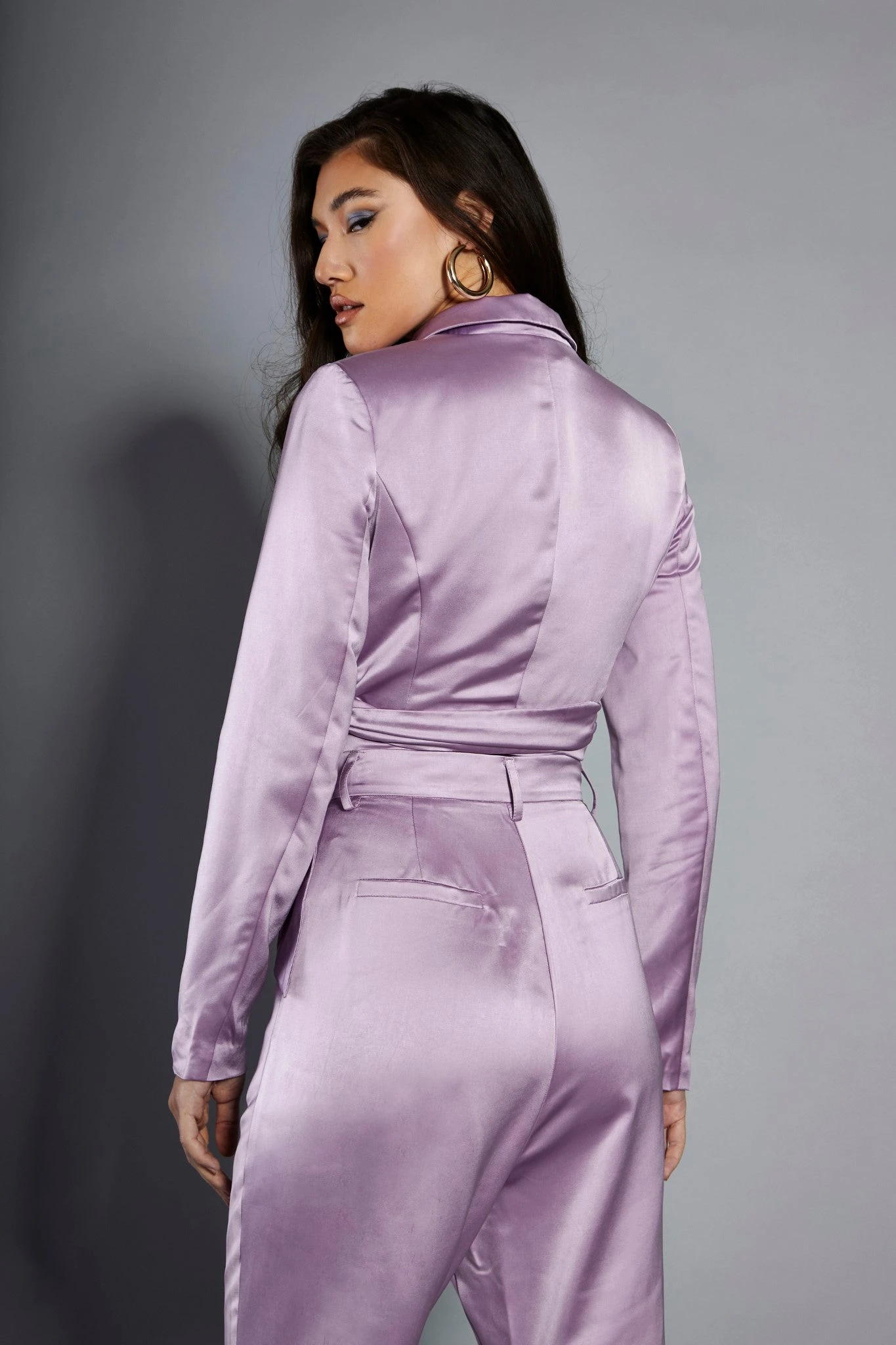 Glamorous Studio Lavender Satin Cropped Wrap Blazer 2 Glamorous Studio Lavender Satin Cropped Wrap Blazer - Image 2