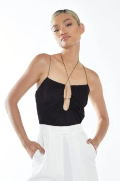 Glamorous Womens Black Cut-Out Ruched Bodysuit -Cheap Softly Dressed Store GS0484 BK 01