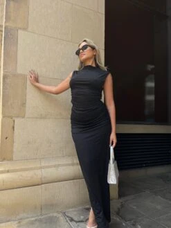 Glamorous Black Ruched High-Neck Crop-Top -Cheap Softly Dressed Store GS0567 BK 05