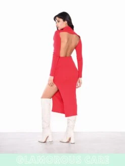 Glamorous Care Poppy Red High Neck Side Split Backless Midi Dress -Cheap Softly Dressed Store Glamcarebase