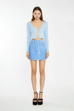 Glamorous Pale-Blue Flower Buckle Knitted-Top