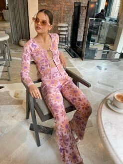 Glamorous Pink-Peach-Retro-Flower Flared Trousers