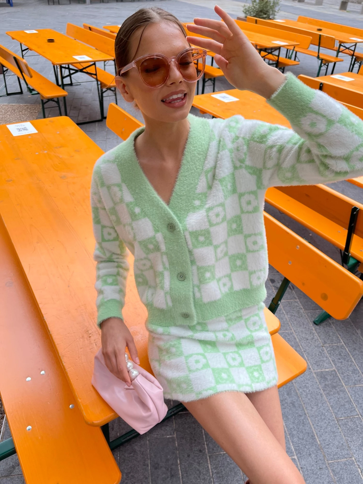 Glamorous Green Flower Check Knitted Cardigan 2 Glamorous Green Flower Check Knitted Cardigan - Image 2