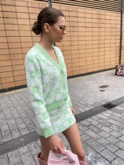 Glamorous Green Flower Check Knitted Cardigan