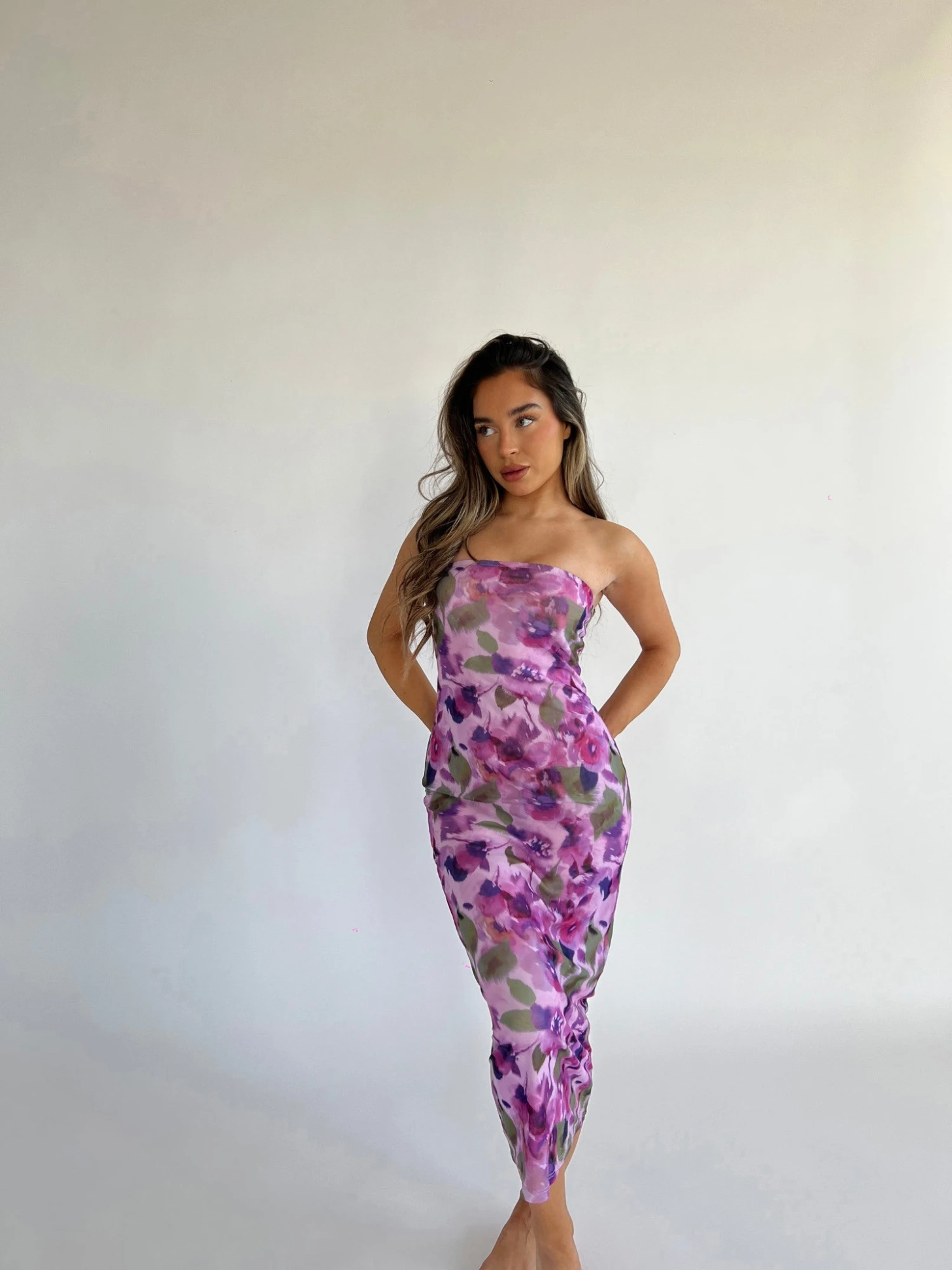 Glamorous Blurred-Purple Floral Bandeau Midaxi-Dress 1 Glamorous Blurred-Purple Floral Bandeau Midaxi-Dress