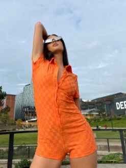 Glamorous Orange Checkerboard Button Through Romper