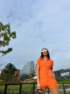 Glamorous Orange Checkerboard Button Through Romper -Cheap Softly Dressed Store HC0083 DL33 04