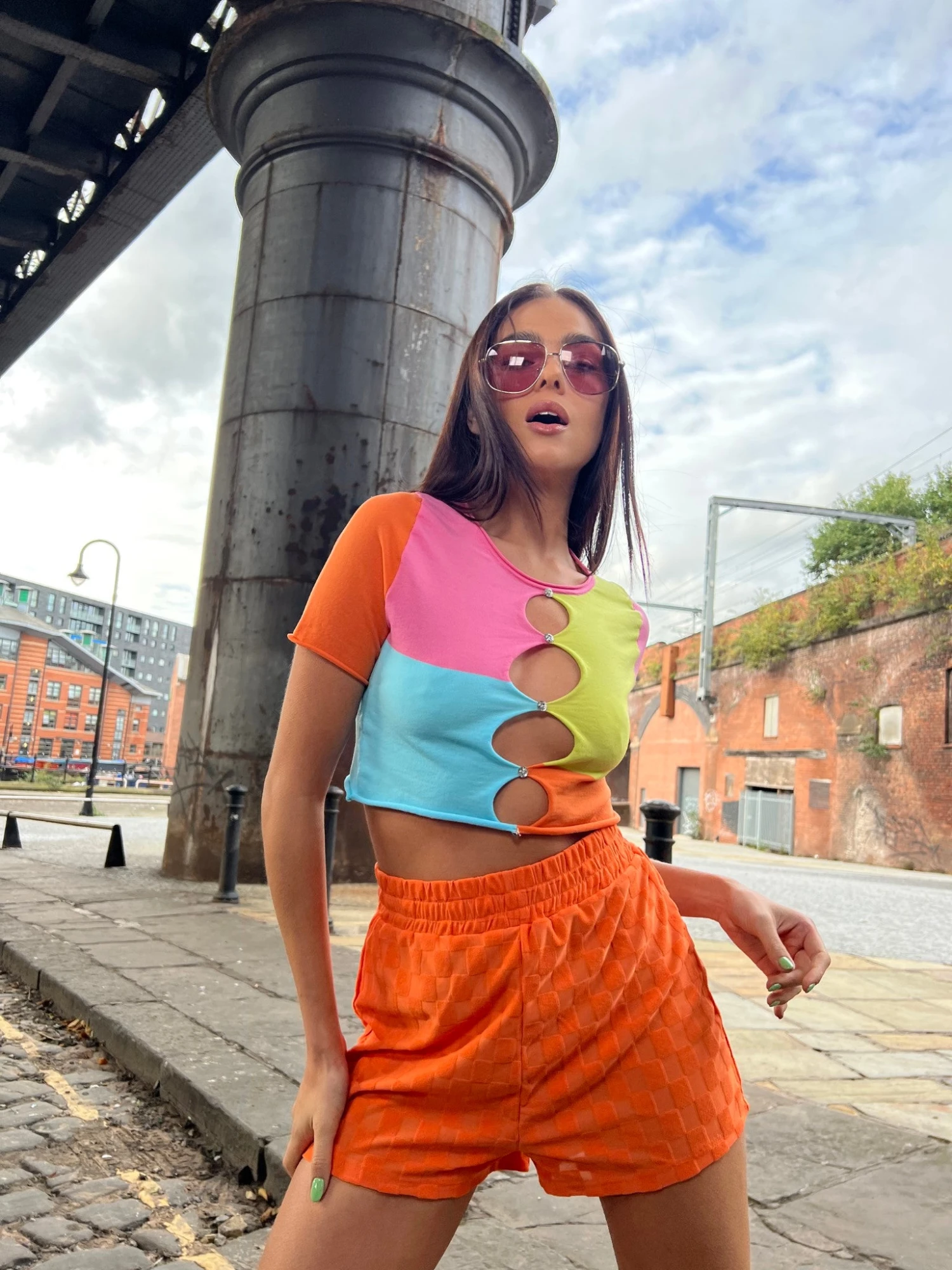 Glamorous Orange Checkerboard Patch Pocket Track Shorts 1 Glamorous Orange Checkerboard Patch Pocket Track Shorts