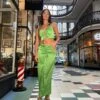Glamorous Apple-Green Satin Ruched Midi-skirt